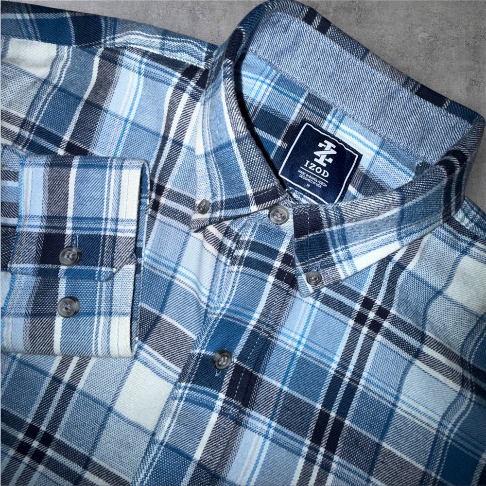 IZOD Men Medium‎ Blue Fall Plaid Flannel Long Sleeve Button Up Shirt Casual Wear